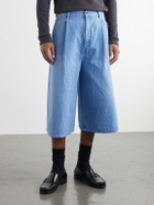 KAPITAL - Wide-Leg Pleated Denim Shorts - Blue