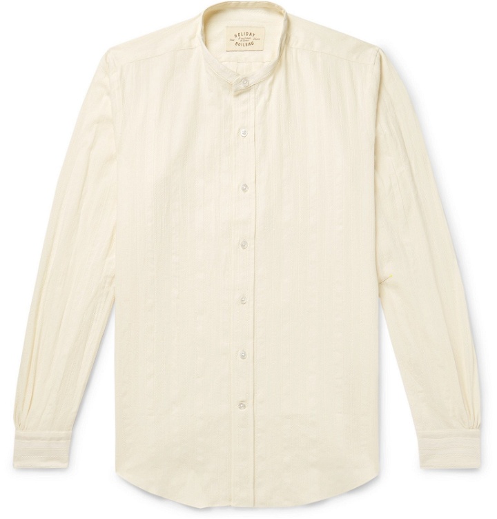 Photo: Holiday Boileau - Ingalls Grandad-Collar Striped Cotton-Poplin Jacquard Shirt - Cream