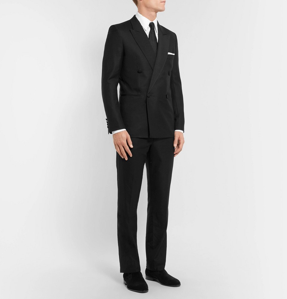 The Row Black Mark Slim Fit Silk Grosgrain Trimmed Escorial Wool