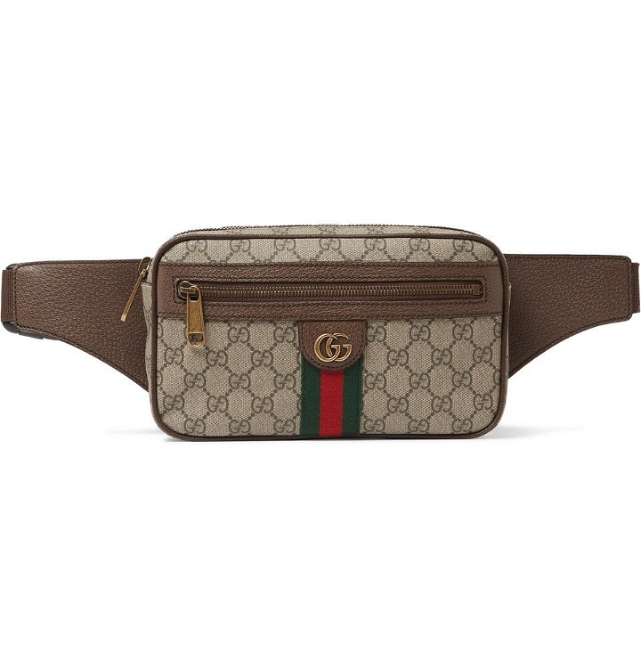 Photo: Gucci - Leather-Trimmed Monogrammed Coated-Canvas Belt Bag - Beige