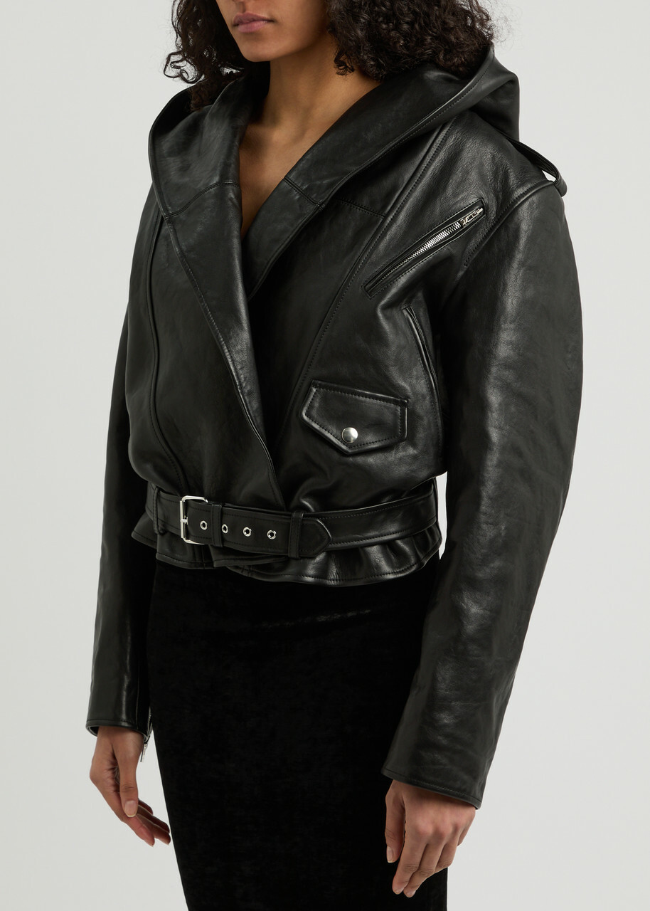 Alaïa Hooded Leather Biker Jacket Black