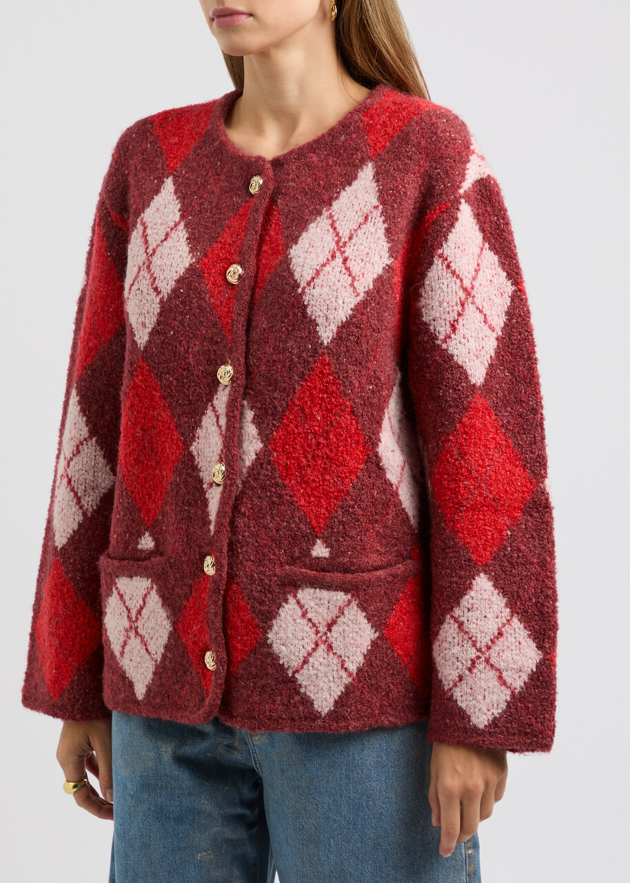 Kitri Pandora Argyle-intarsia Knitted Cardigan Burgundy