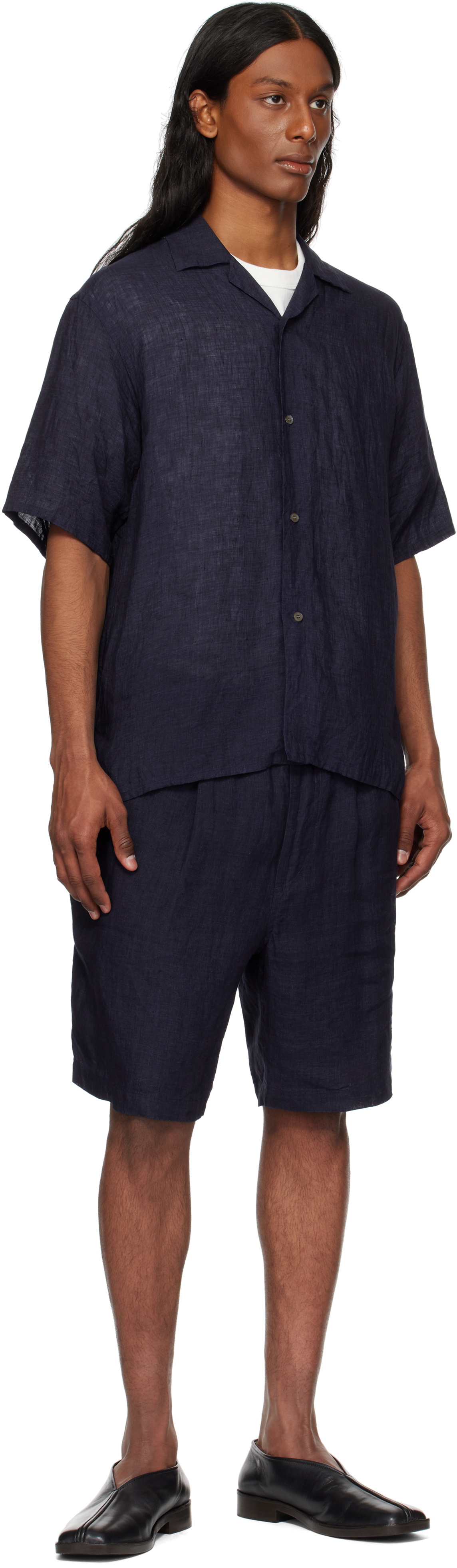 YLÈVE Navy Linen Poplin Shirt