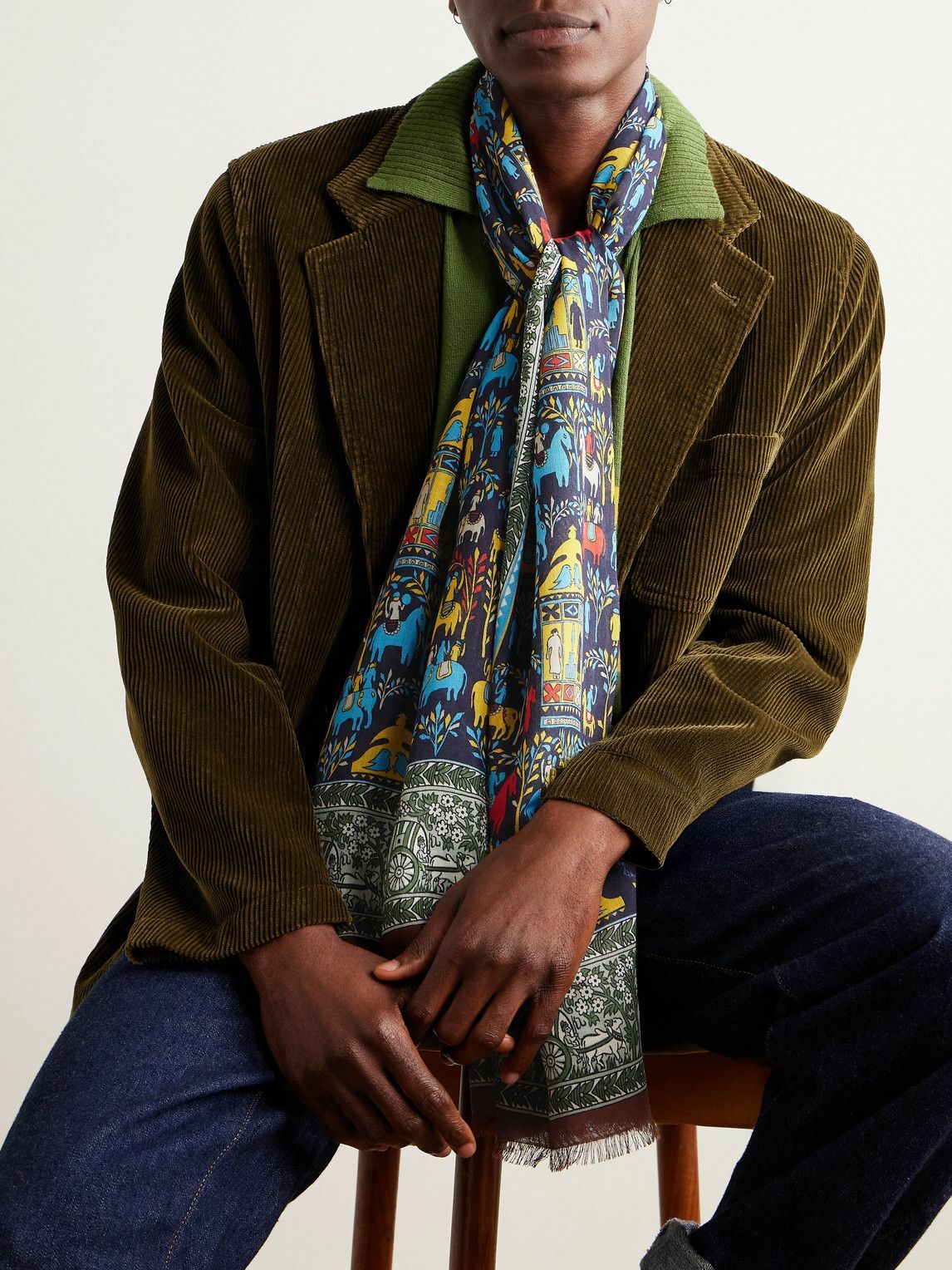 Drake's - Frayed Printed Wool and Silk-Blend Scarf