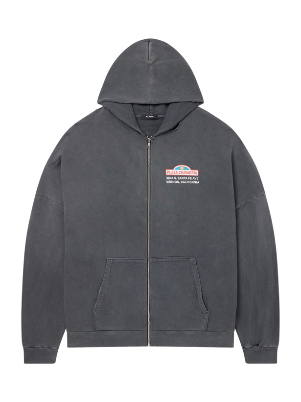 Photo: Willy Chavarria - Plaza Chavarria Logo-Print Distressed Cotton-Jersey Zip-Up Hoodie - Black