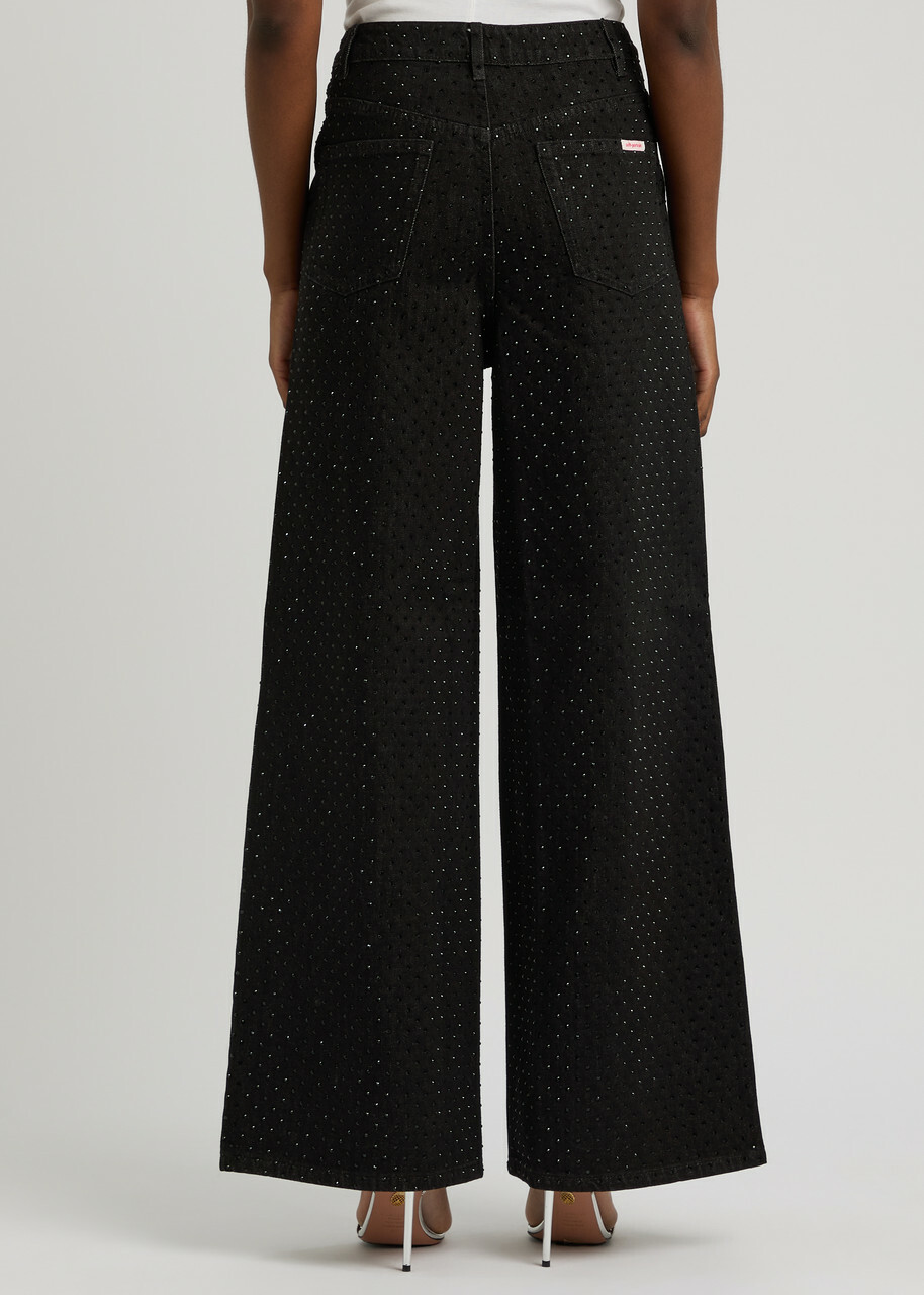 Self-portrait Crystal-embellished Wide-leg Jeans Black