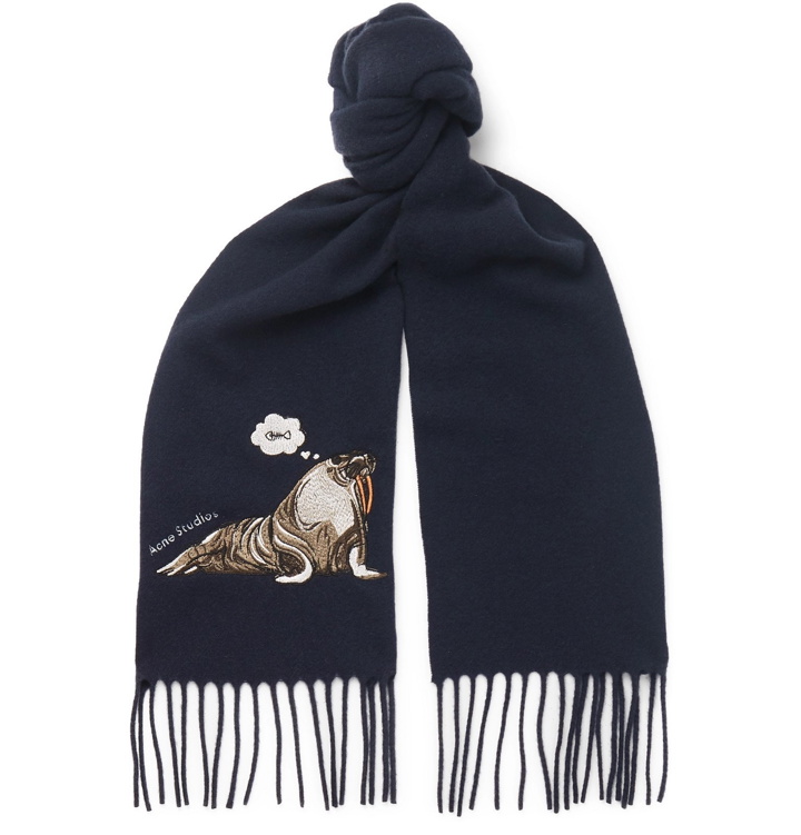 Photo: Acne Studios - Fringed Embroidered Brushed-Wool Scarf - Blue