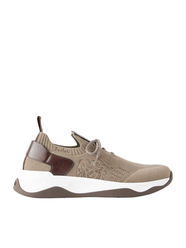 Photo: Berluti - Shadow Leather-Trimmed Stretch-Knit Sneakers - Neutrals