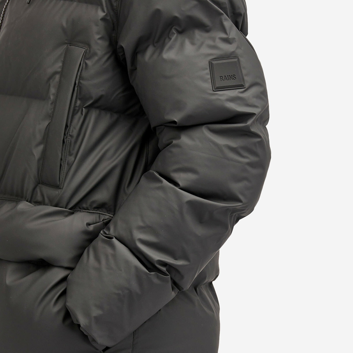 Rains Men's Alta Long Puffer Cargo Jacket in Black