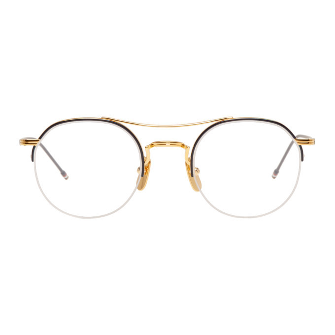 Thom Browne Gold and Navy TB-903 Glasses Thom Browne