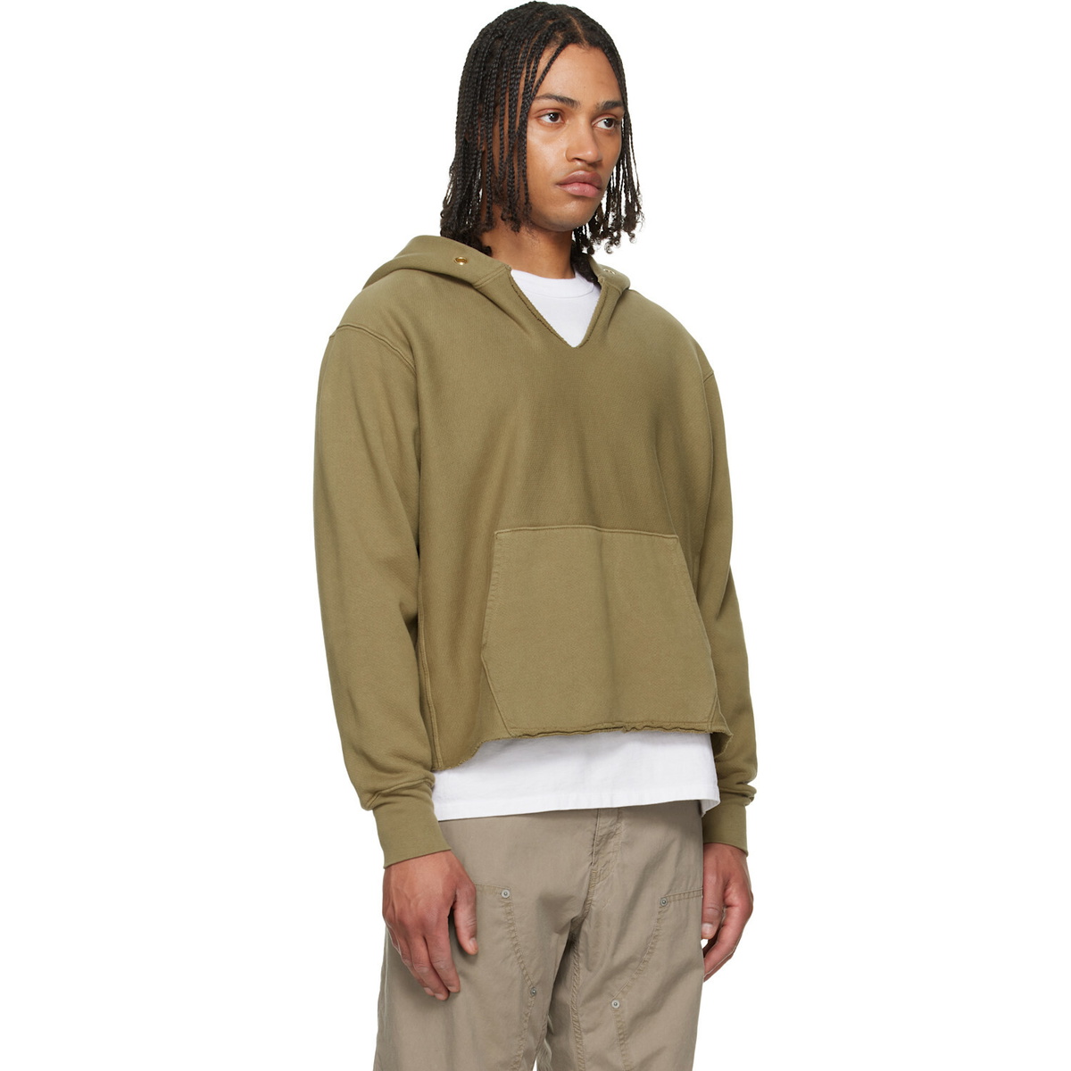 Les Tien Khaki Heavyweight Raw Cropped Hoodie