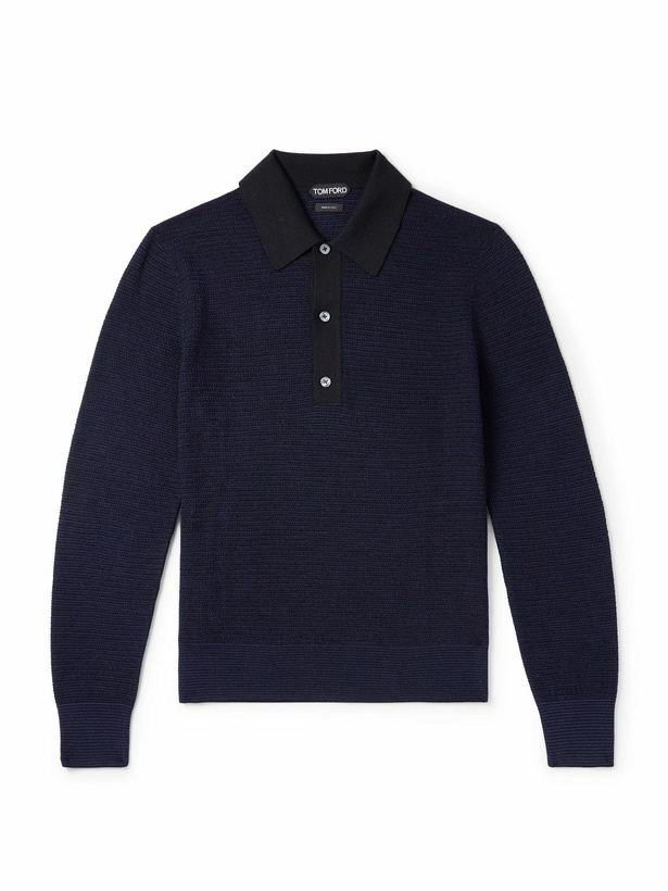 Photo: TOM FORD - Slim-Fit Waffle-Knit Wool Polo Shirt - Blue