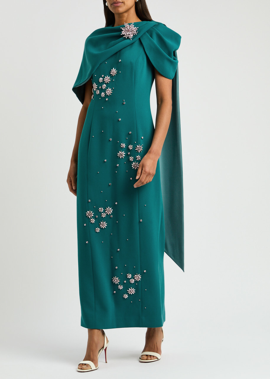 Huishan Zhang Isolde Cape-effect Embellished Gown Teal