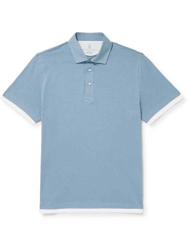 Photo: Brunello Cucinelli - Layered Cotton and Linen-Blend Jersey Polo Shirt - Blue