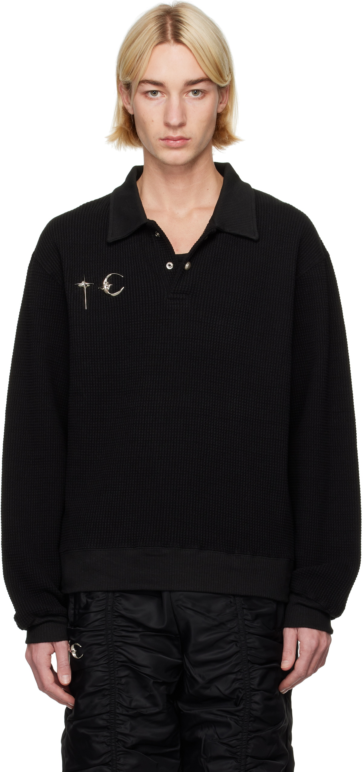 Thug Club Black Waffle-Knit Long Sleeve Polo Thug Club