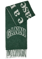 Ganni Logo-intarsia Fringed Wool Scarf - Dark Green - One Size