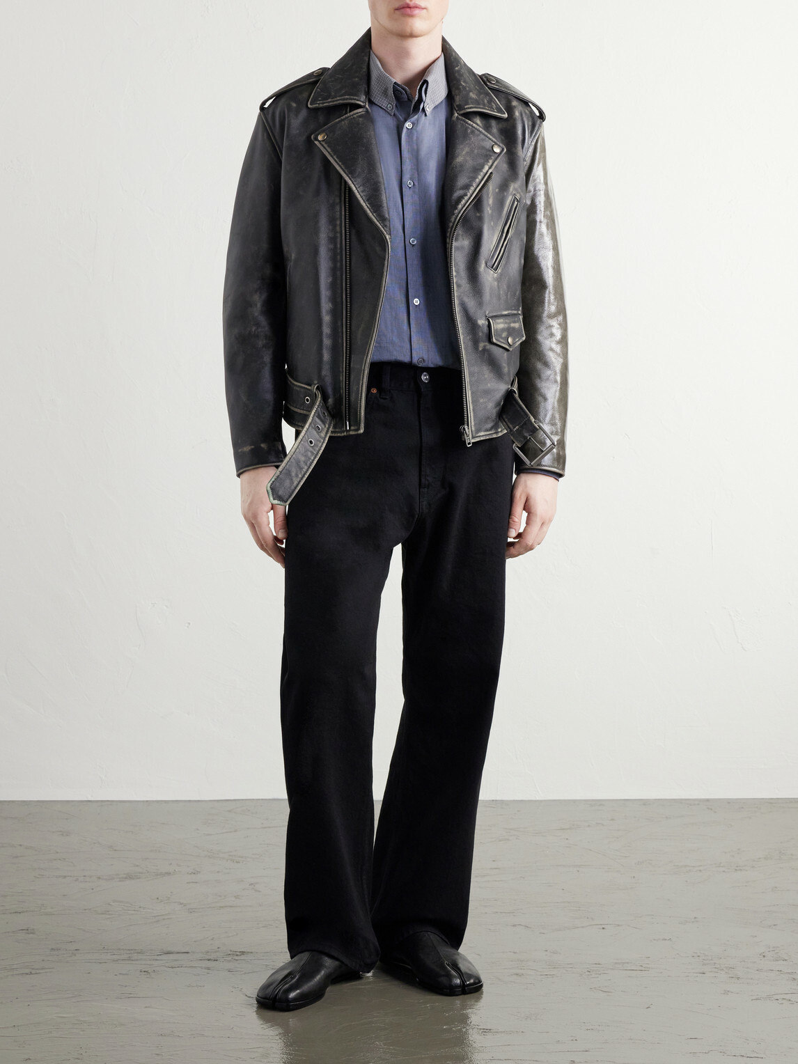 Maison Margiela - Belted Distressed Leather Biker Jacket - Brown