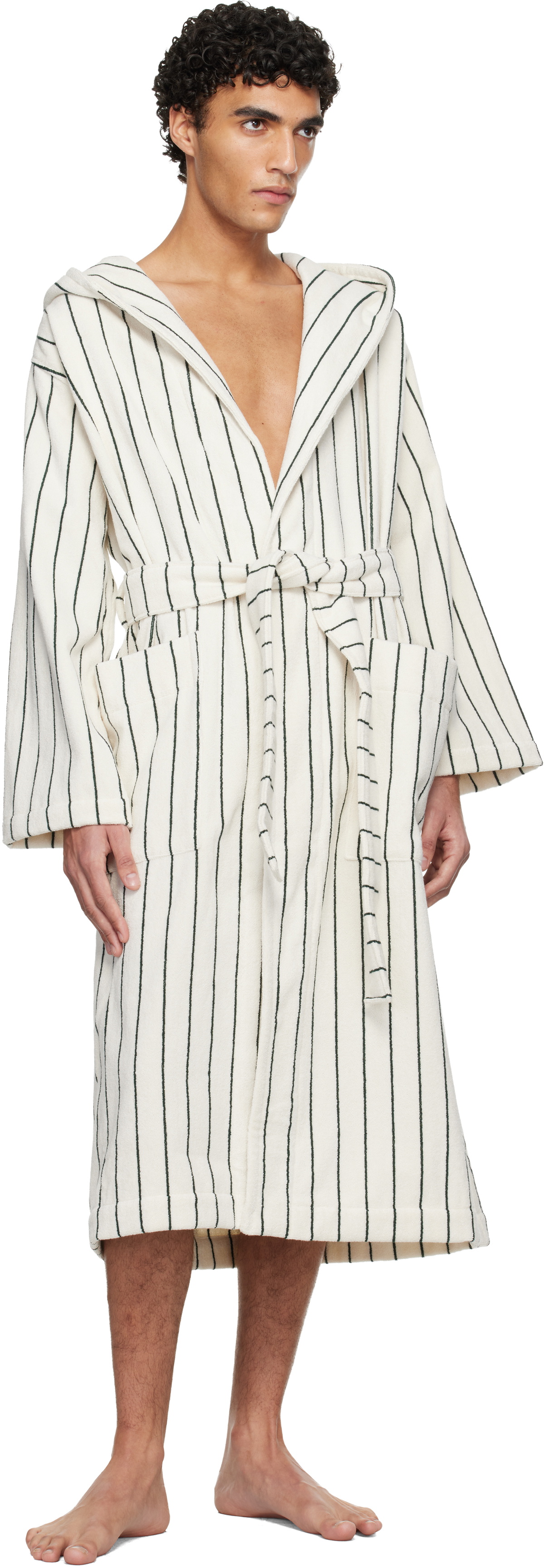 Tekla White & Green Terry Hooded Bathrobe