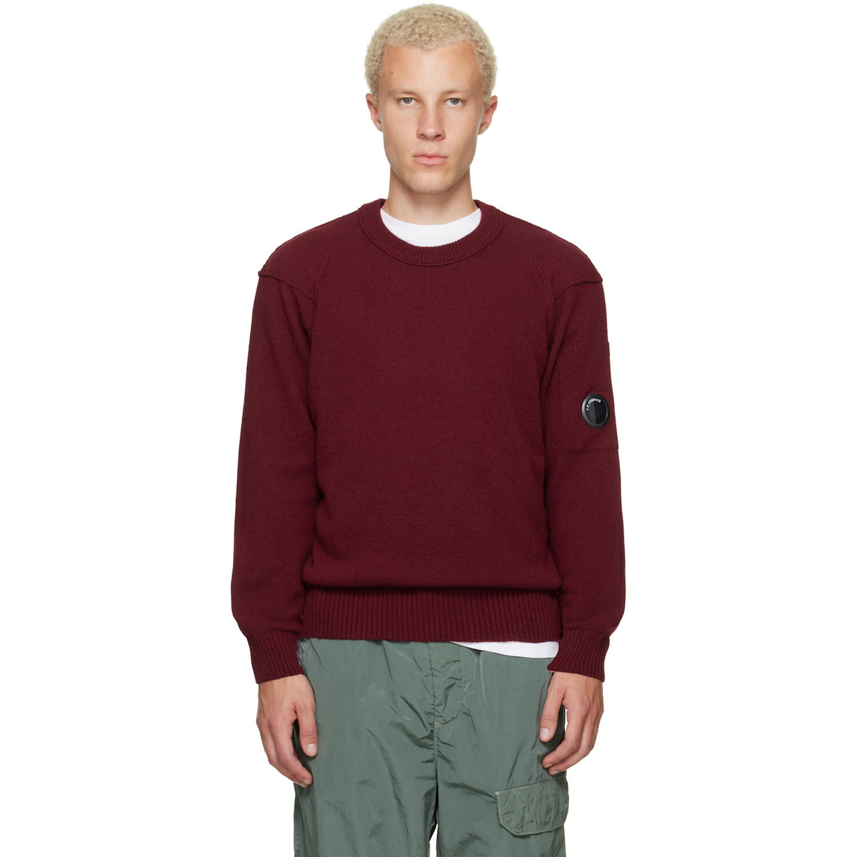 C.P. Company Burgundy Lambswool Lens Crewneck Contrast Sweater
