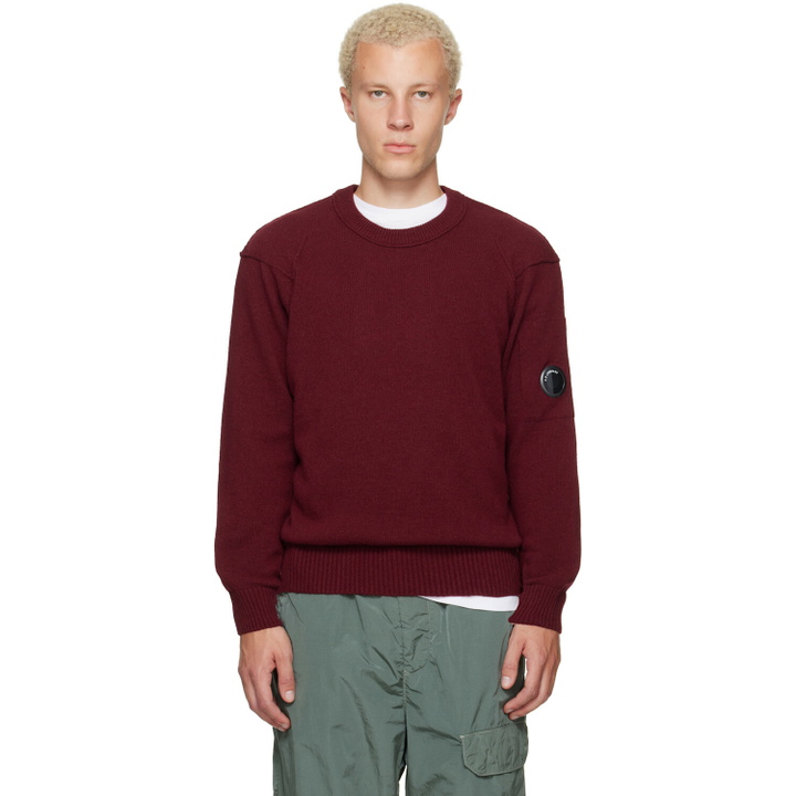 Photo: C.P. Company Burgundy Lambswool Lens Crewneck Contrast Sweater