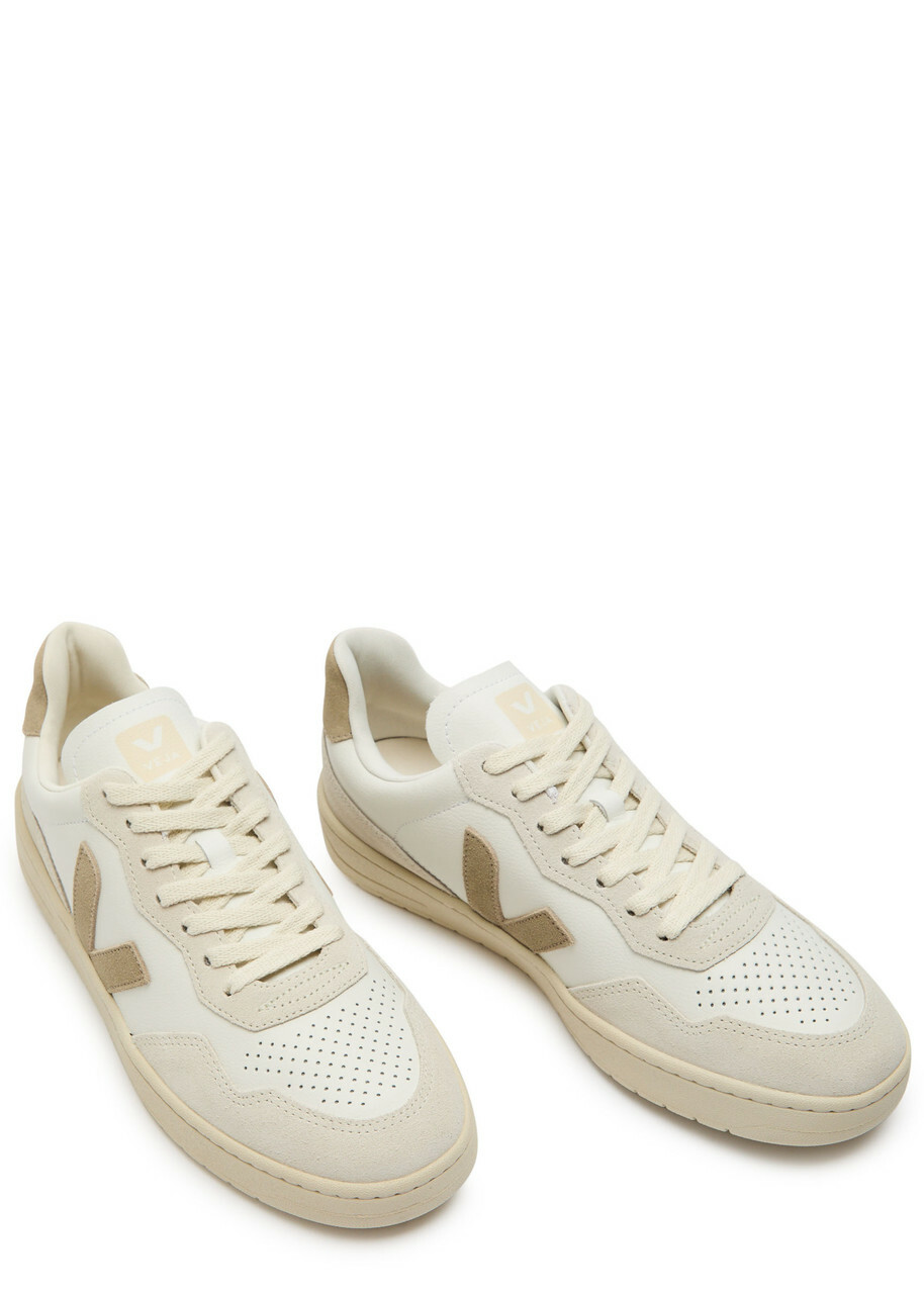 Veja V-90 Panelled Grained Leather Sneakers White