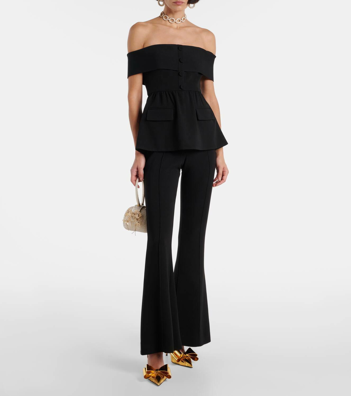 Self-Portrait Off-shoulder peplum crêpe jumpsuit