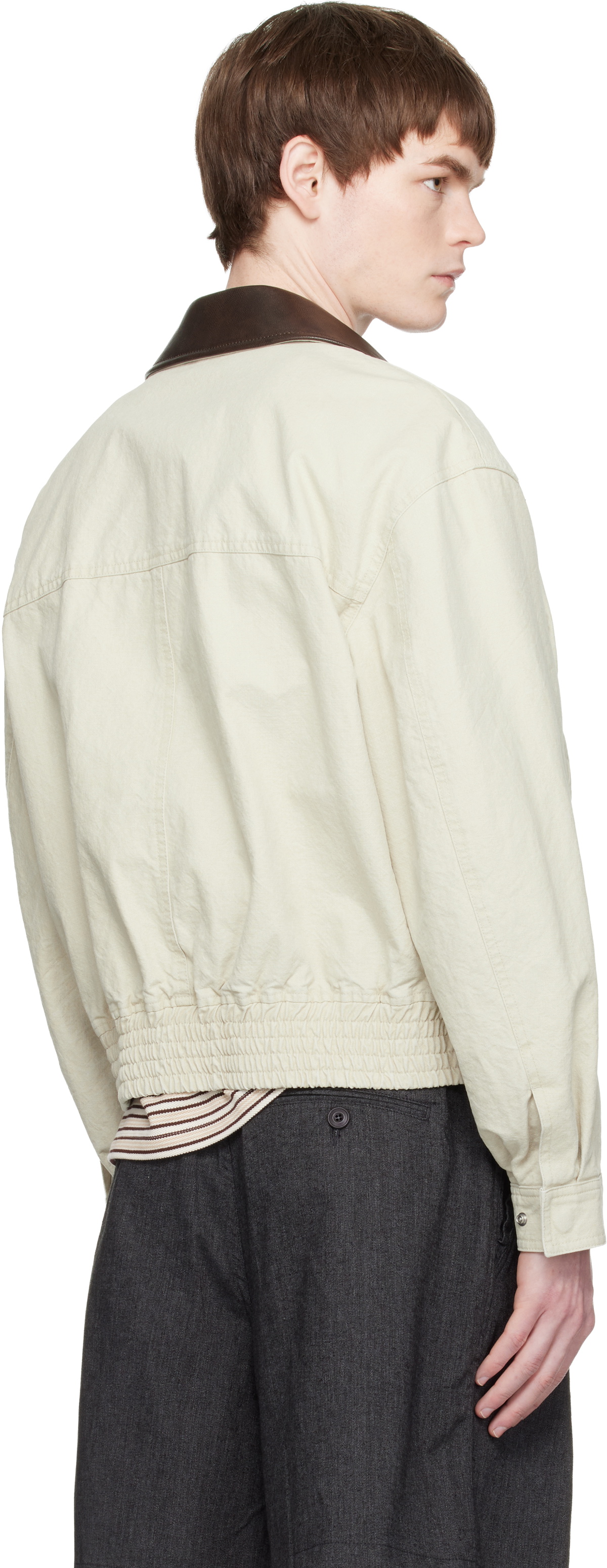 COOR Off-White Leather Collar Washed Cationized Bomber Jacket