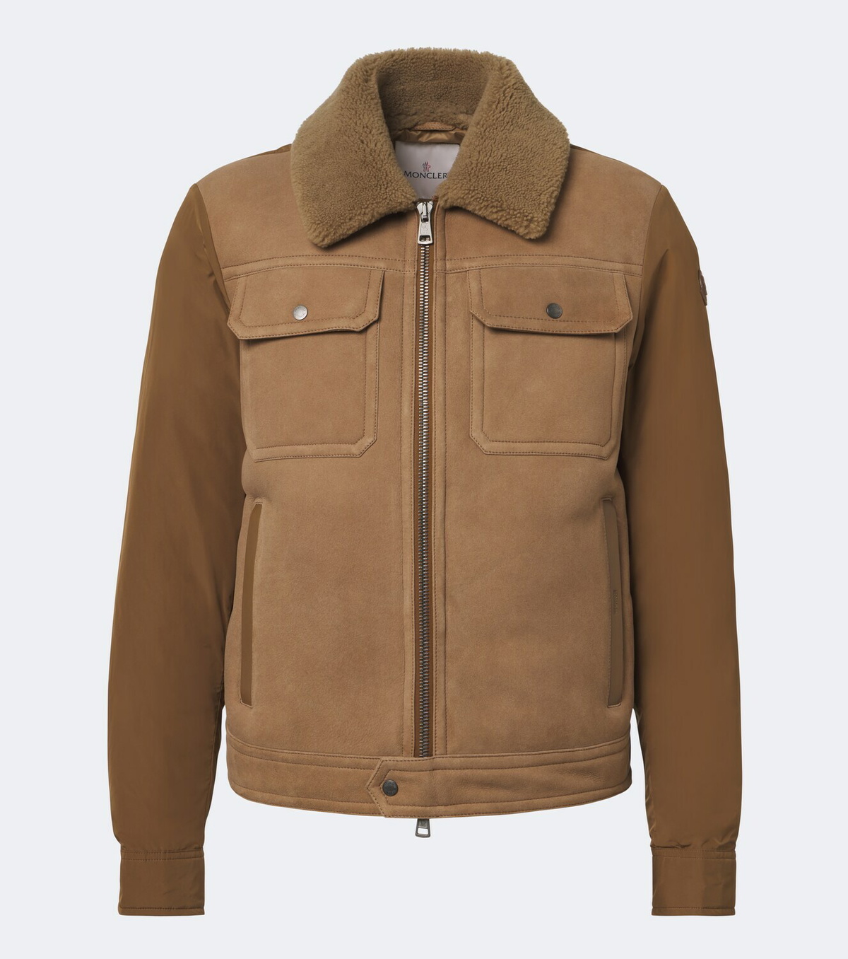 Moncler Shearling-trimmed suede down jacket