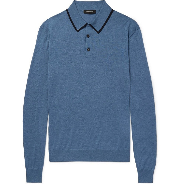 Photo: Ermenegildo Zegna - Contrast-Tipped Wool and Silk-Blend Polo Shirt - Men - Blue