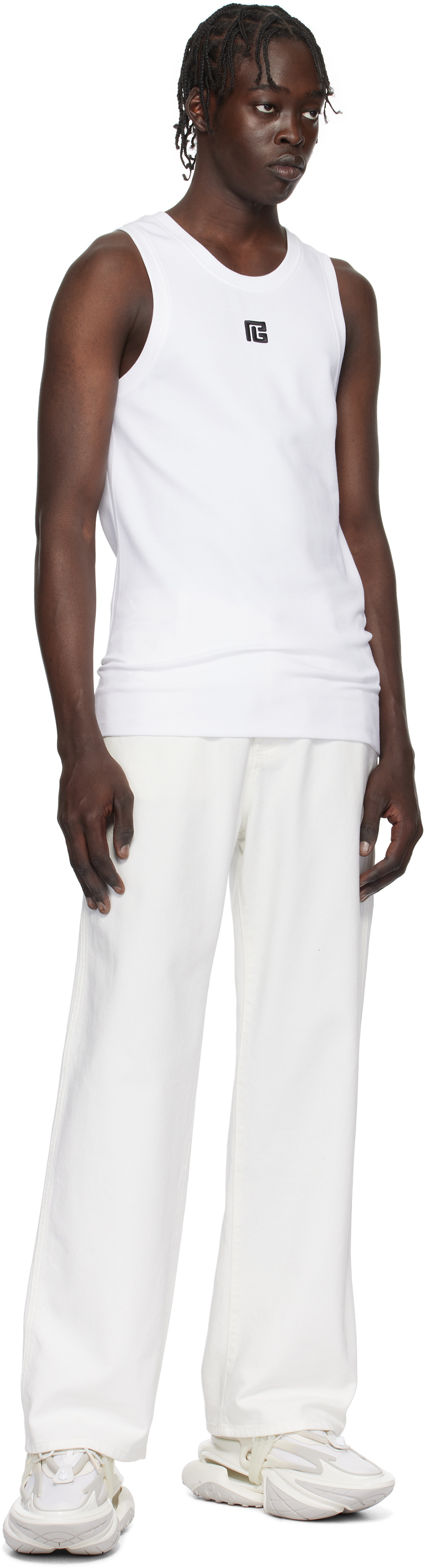 Balmain White 'PB' Embroidered Tank Top