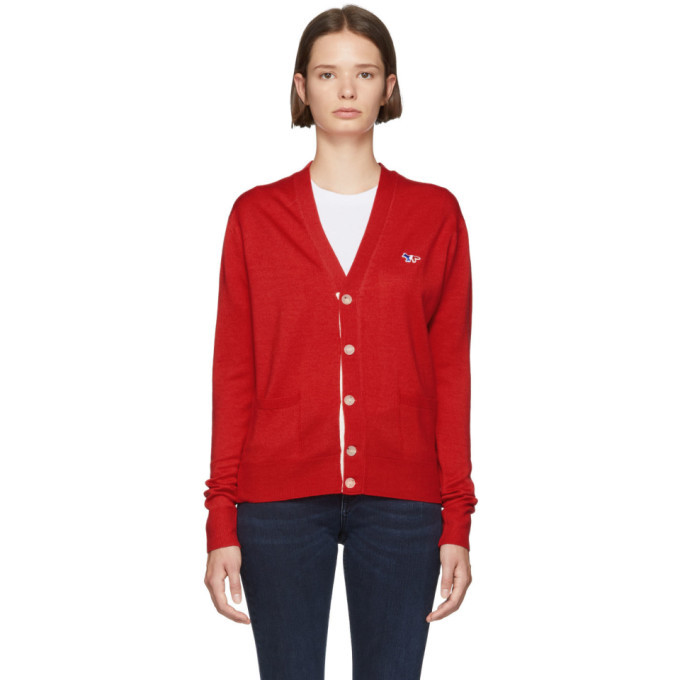 Maison Kitsune Red Tricolor Patch Cardigan Maison Kitsune