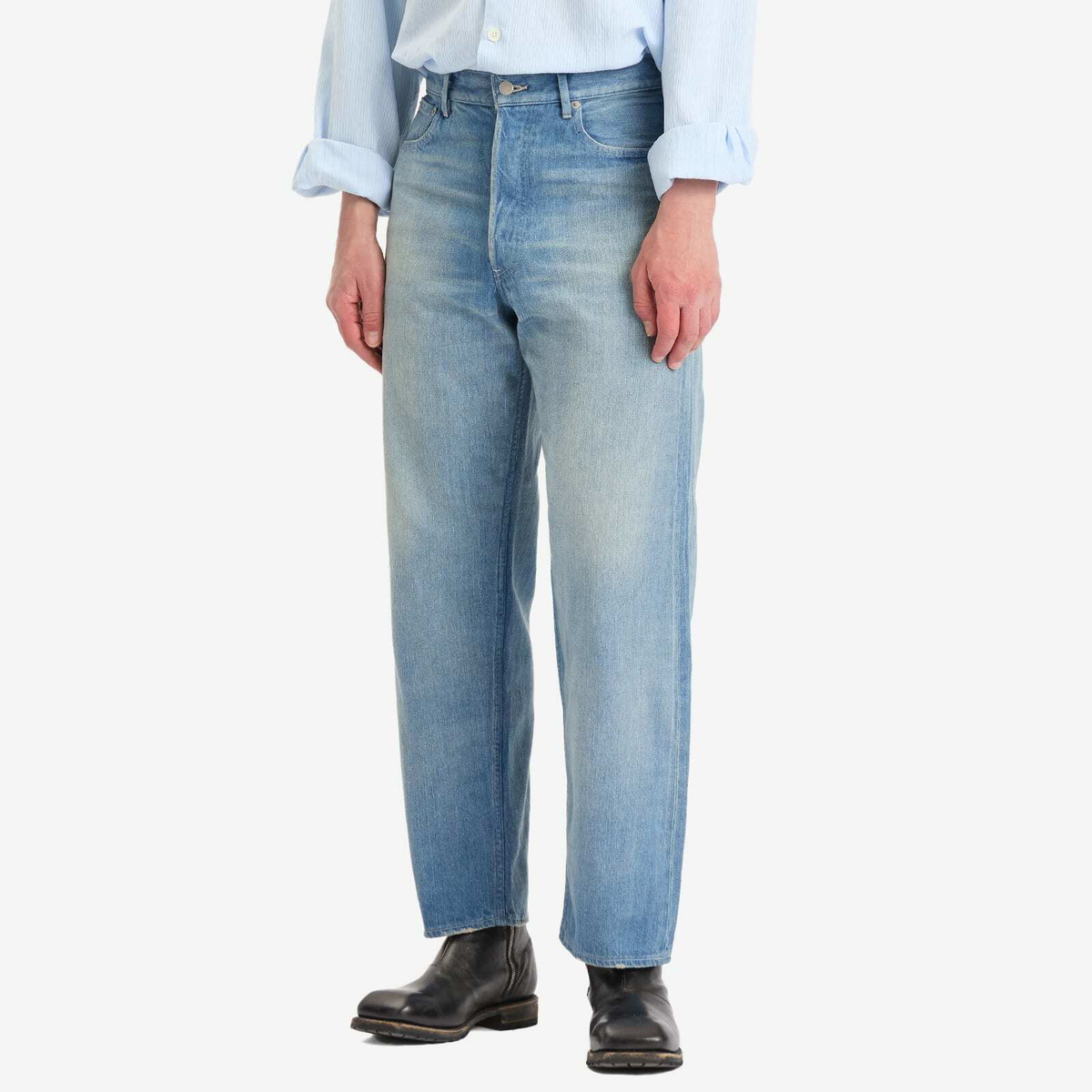 Auralee Men's Selvedge Faded Light Denim Wide Pants in Light