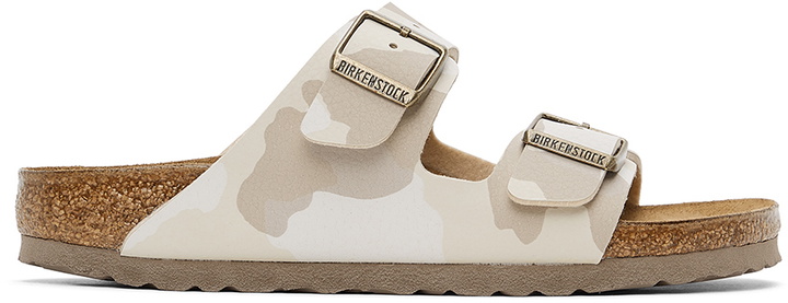 Photo: Birkenstock White & Beige Birko-Flor Camo Narrow Arizona Sandals