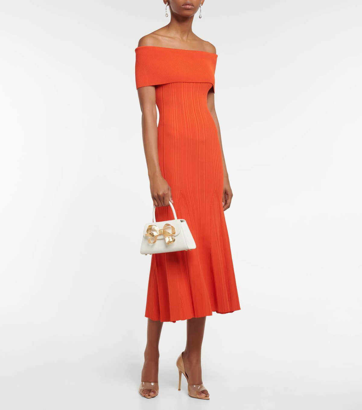 self portrait orange off shoulder dress Rent Self-Portrait Off-Shoulder Pleated Orange Chiffon Dress - Self-Portrait