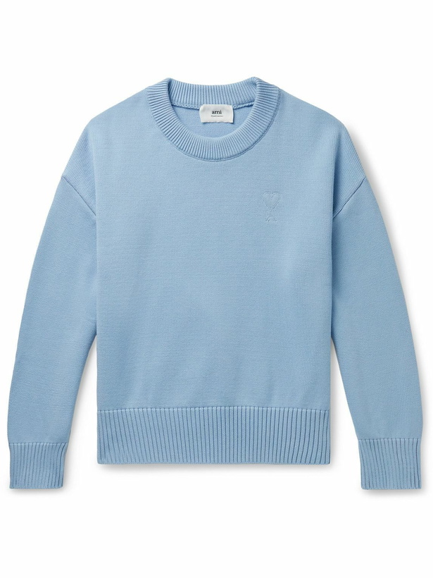 Photo: AMI PARIS - ADC Logo-Embroidered Cotton and Merino Wool-Blend Sweater - Blue