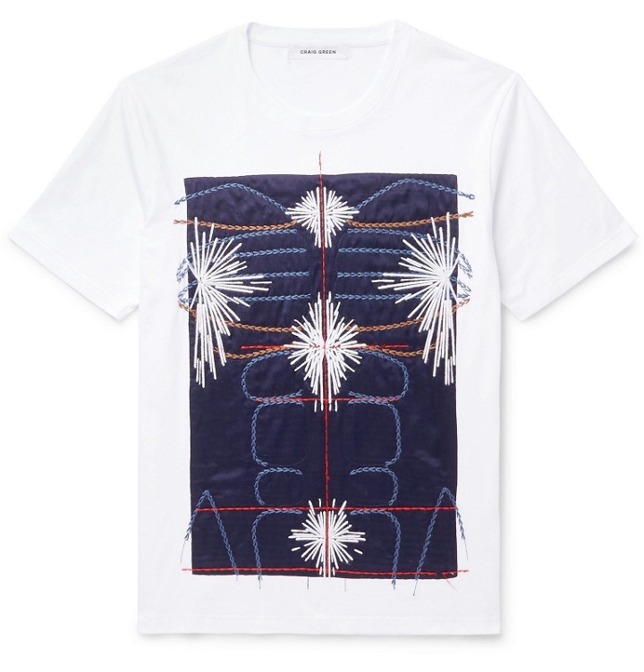 Photo: Craig Green - Slim-Fit Embroidered Panelled Cotton-Jersey T-Shirt - White