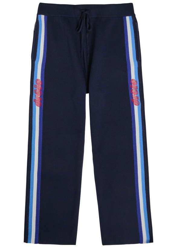 Photo: DRÔLE DE Monsieur Le Pantalon Maille Striped Merino Wool Track Pants Navy