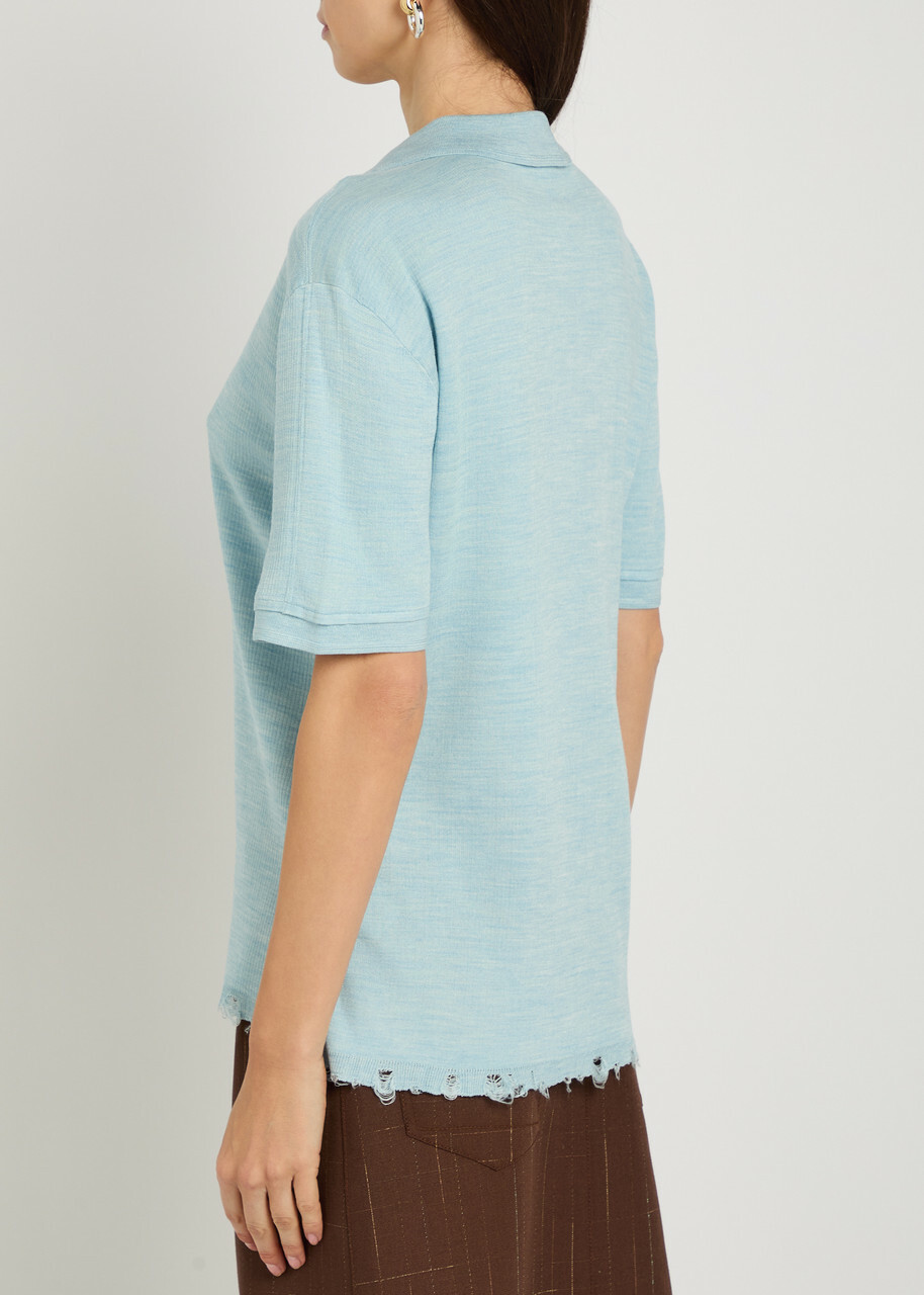 Tory Burch Distressed Silk-blend Polo top Light Blue
