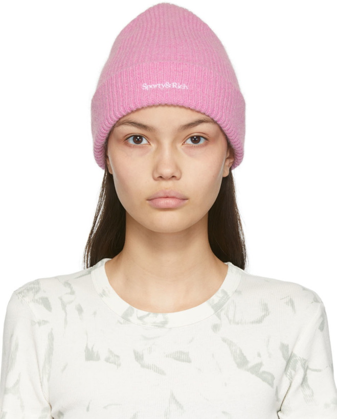 Photo: Sporty & Rich Pink Dina Serif Logo Beanie