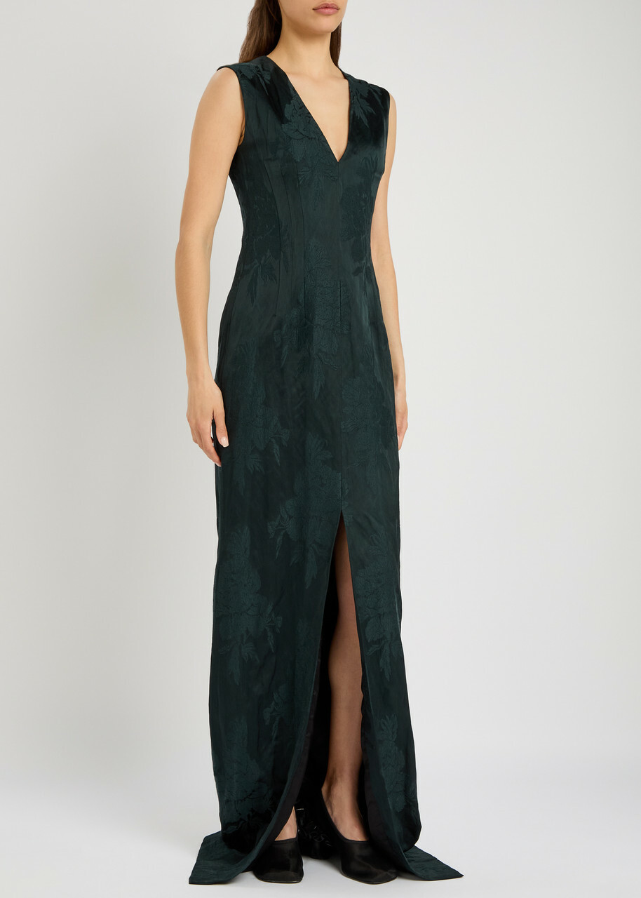 Dries Van Noten Delina Floral-jacquard Cotton-blend Gown Green Dark