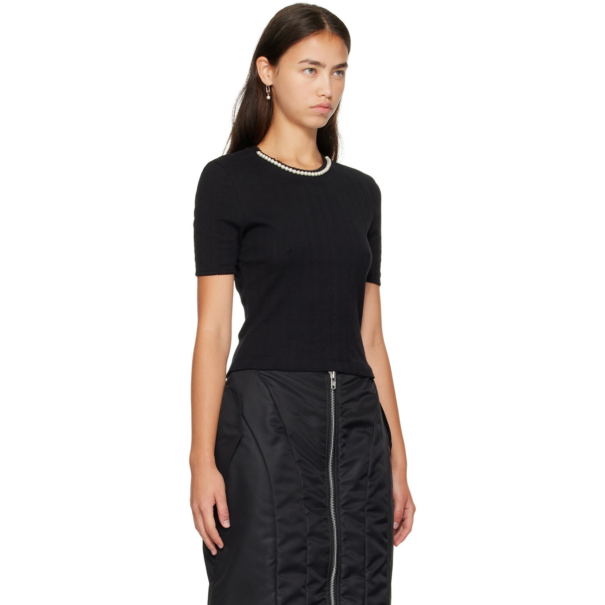 Simone Rocha Black Embellished Cropped Pointelle T-shirt
