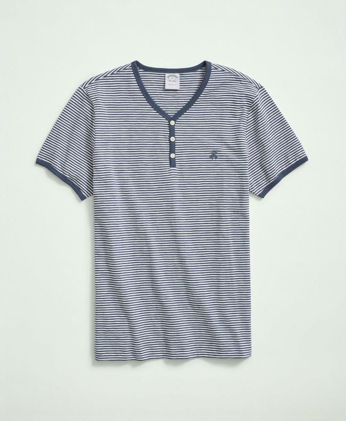 Photo: Brooks Brothers Men's Short-Sleeve Striped Slub Cotton Henley | Blue