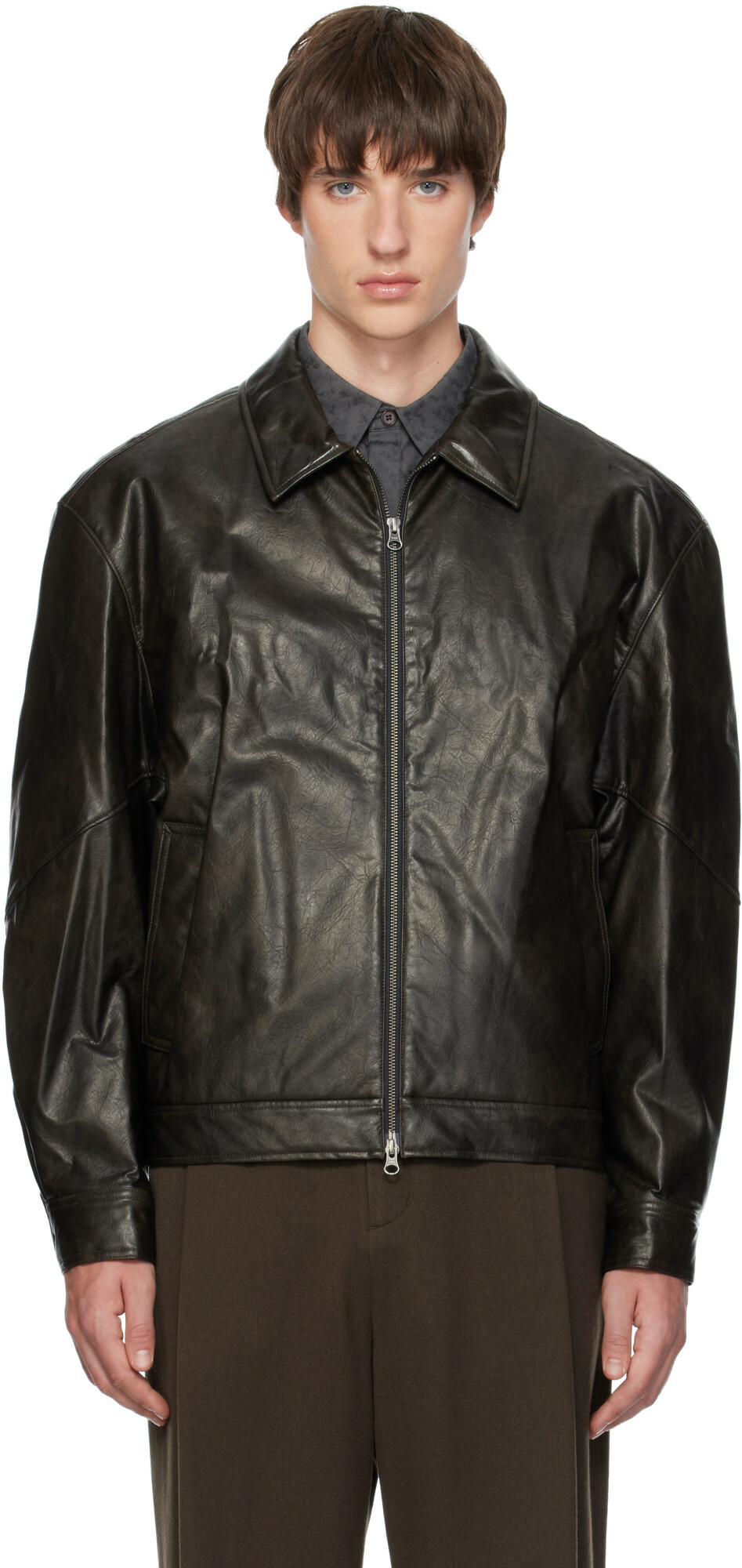 AMOMENTO Black Faux-Leather Bomber Jacket