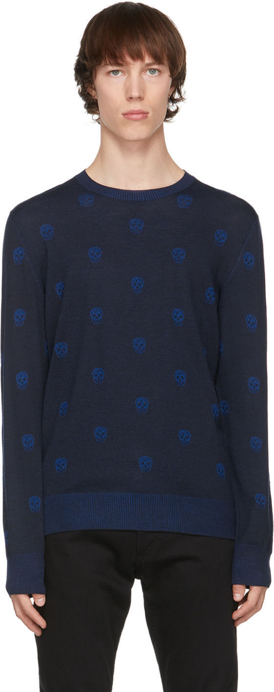 Alexander McQueen Navy Wool Skull Sweater Alexander McQueen