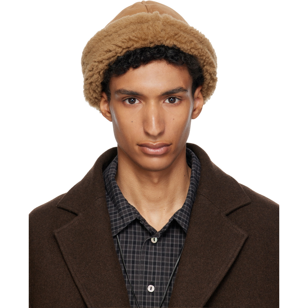 Cawley Tan Suede Back Curly Hair Sheepskin Beanie