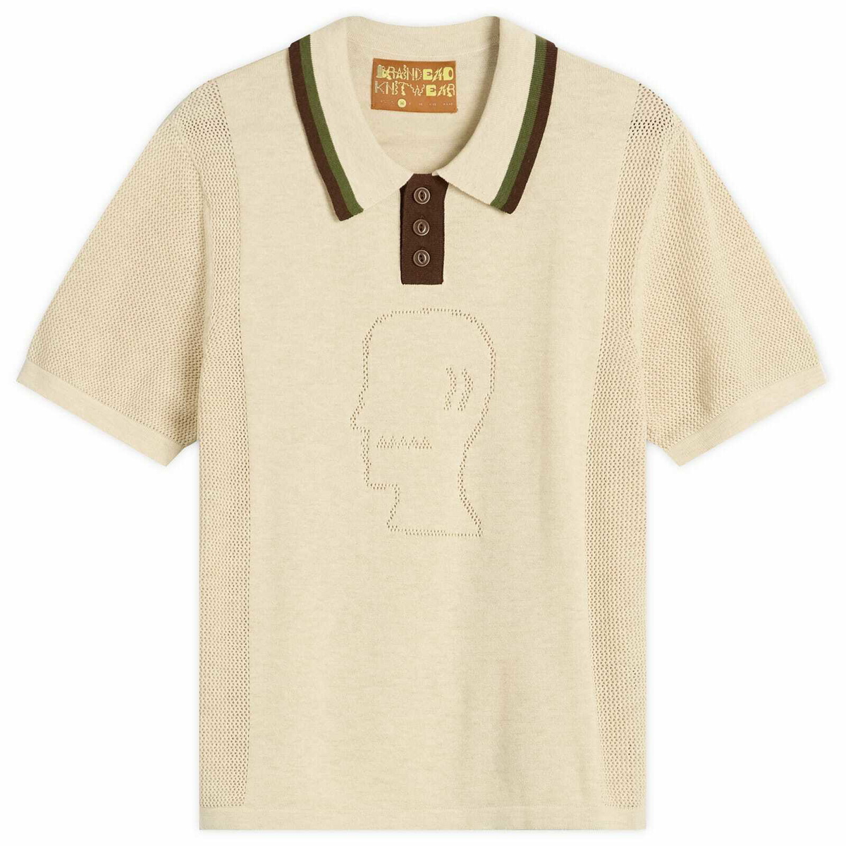 Brain Dead Men's Logo Head Knit Polo in Natural