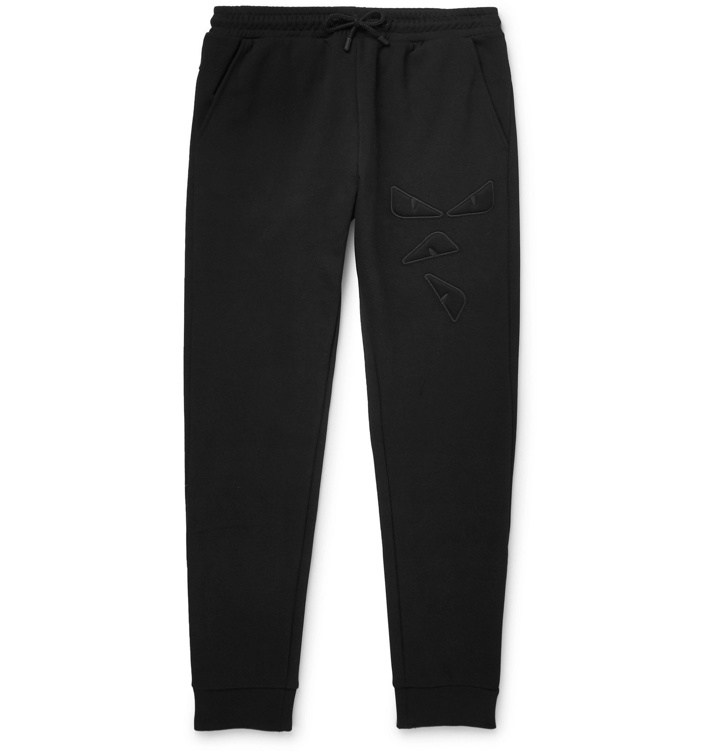 Photo: Fendi - Slim-Fit Tapered Logo-Appliquéd Cotton-Blend Jersey Sweatpants - Black