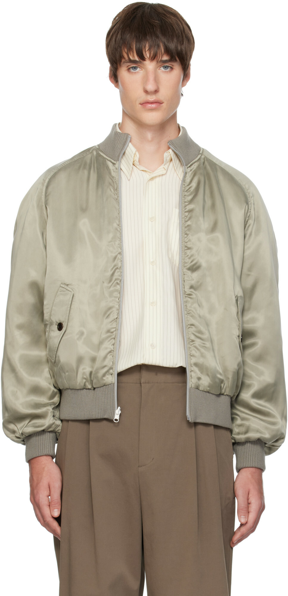 AMOMENTO Green Ribbed Silky Bomber Jacket