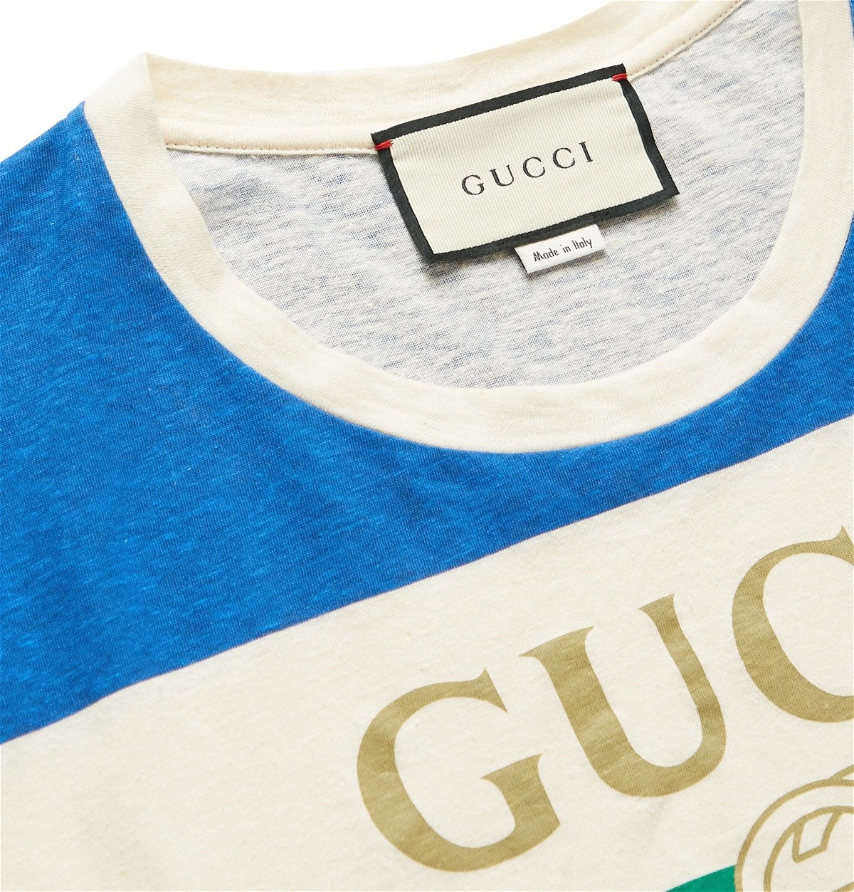 Gucci - Logo-Print Striped Cotton and Hemp-Blend T-Shirt - Blue Gucci