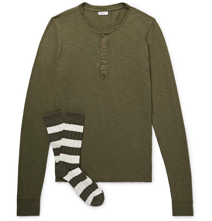 Photo: Schiesser - Hanno Slub Cotton-Jersey Henley T-Shirt and Stretch Cotton-Blend Socks Set - Men - Army green